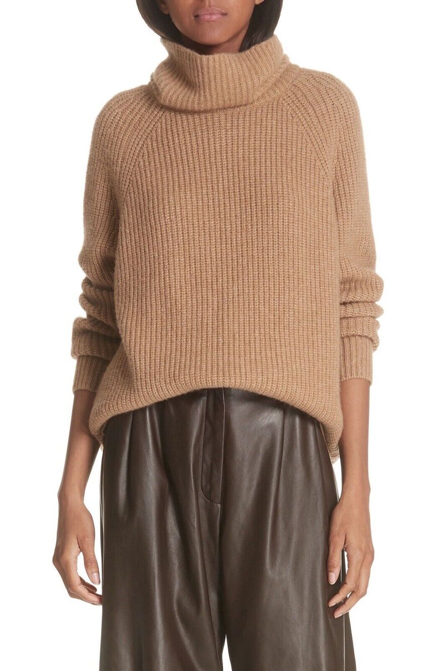 Nili Lotan Anitra Wool Camel Hair Tan funnel neck Turtleneck Ribbed Sweater XS